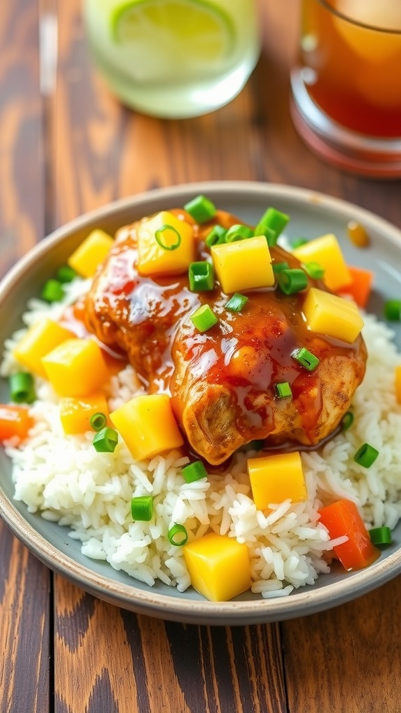 Crockpot Hawaiian chicken with pineapple chunks on rice, garnished with green onions on a wooden table.